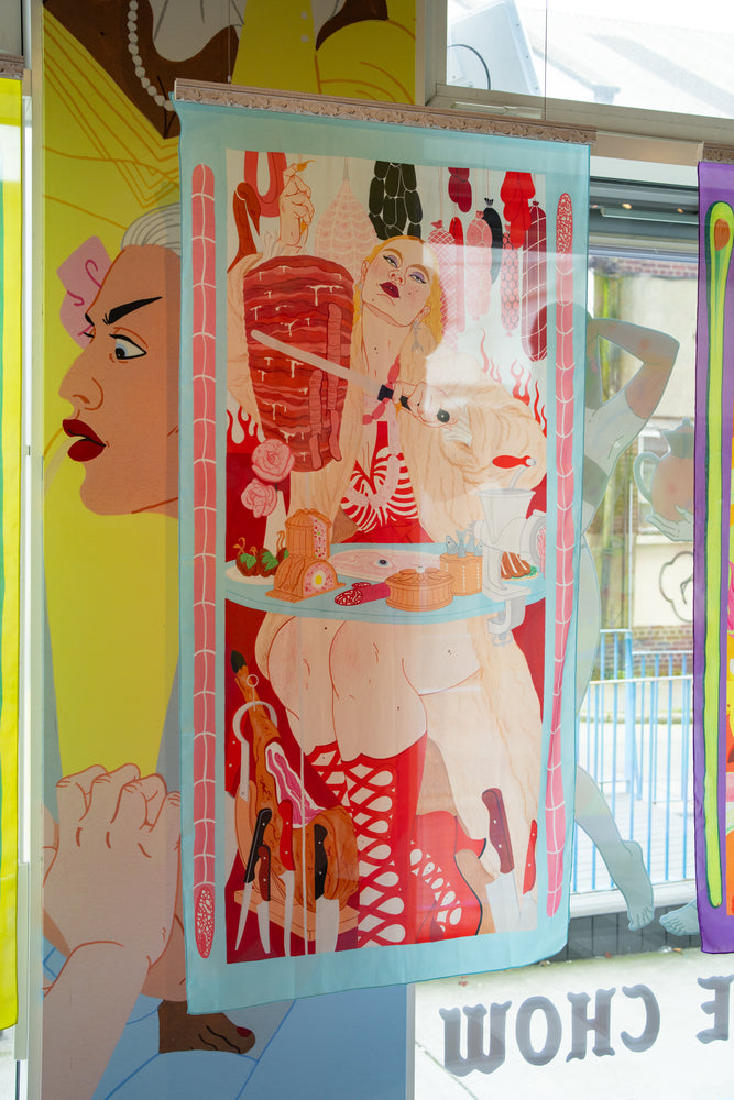 
                
                    Load image into Gallery viewer, Apocalypse Chow Silk Banner - Meat by Laura Callaghan
                
            